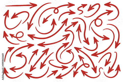 Set of hand drawn red paint object for design use. Abstract brush drawing. Vector art illustration grunge arrows
