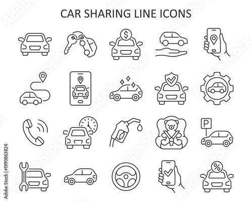 Car sharing service line icon set. Auto rent vector collection with smartphone, parking, application, payment, transport, discount, cleaning, refueling, baby car seat, repair, steering wheel.