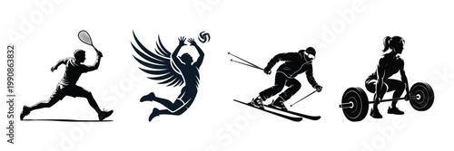 Collection of four sporty silhouettes including tennis player and weightlifter