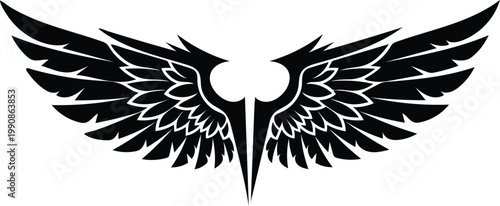 Abstract symmetrical wings with central symbol bold artistic tattoo inspired vector design