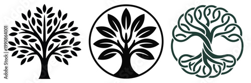 Collection of tree logos with different designs and styles