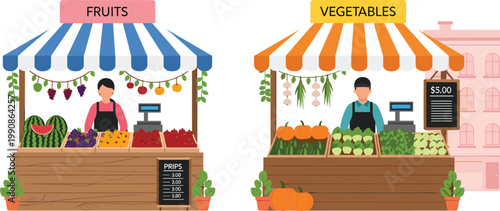 Cartoon farmers market vector illustration featuring fruit and vegetable stalls with produce, prices, cash registers, and striped canopies
