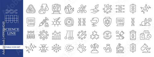 Science and Laboratory Line Icons Set, Research Chemistry Biology Medical Technology Outline Vector Collection Editable Stroke