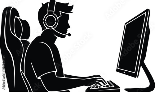 Customer support agent silhouette with headset working on computer modern service concept icon