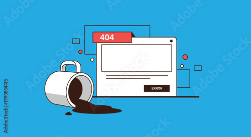 Flat line vector illustration of 404 error page, spilled coffee mug on blue background, website maintenance and broken link concept graphic