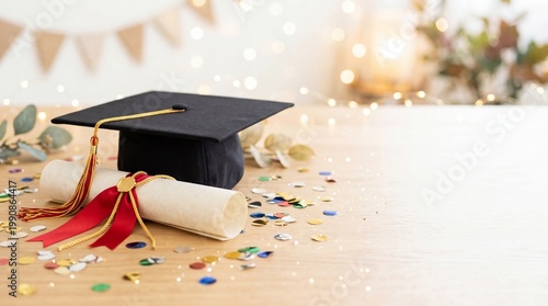 Graduation cap and diploma tied with red ribbon on a wooden table with colorful confetti and festive lights. Academic achievement, education success, celebration, and ceremony concept.