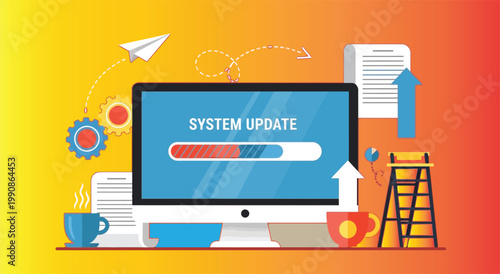 System update progress bar on computer screen, software installation and maintenance concept, flat vector illustration of digital upgrade process