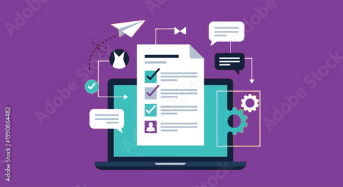 Digital checklist on laptop screen with business icons, online project management and task tracking vector, productivity and workflow automation concept