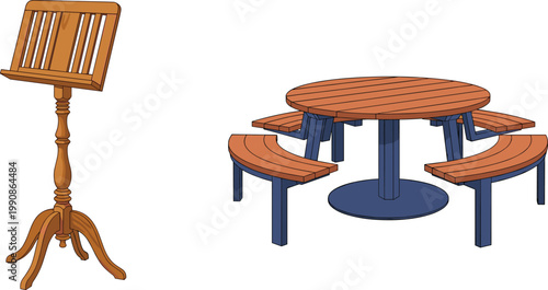 Wooden Music Stand and Round Picnic Table Set Vector Illustration Featuring Sheet Holder Stand and Outdoor Seating Bench Table for Furniture Design