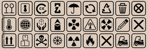 Cardboard packaging icon set, package sign labels with common shipping symbols and warning indicators for logistics and design