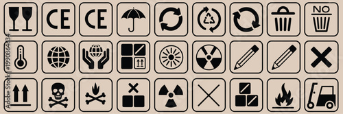 Cardboard packaging icon set, package sign labels with common shipping symbols and warning indicators for logistics and design