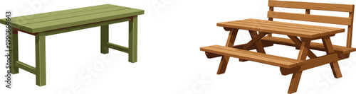 Bild auf Leinwand Wooden Bench and Picnic Table Vector Illustration Featuring Outdoor Seating Furn