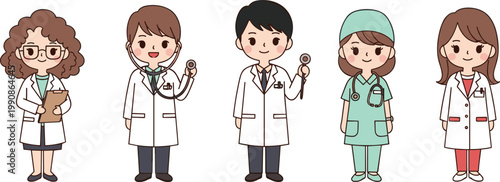 Cute Cartoon Medical Team Character Set with Doctor Nurse Stethoscope White Coat and Healthcare Professional Collection