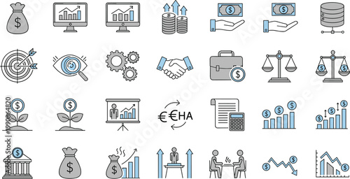 Business Finance and Investment Outline Icon Set with Money Growth Chart Handshake Scale Bank and Market Elements
