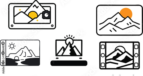 Vector Icon of a Photo Gallery in Outline Style, Rectangle Frame with Mountain and Sun Image, Minimal Line Art Design, Isolated on White Background, Image Gallery and Media Album Symbol Illustration