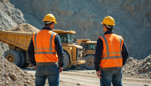 Two engineers in hard hats and orange vests observe excavators and large dump trucks in a quarry. They oversee gold ore loading operations in an open pit mine environment.