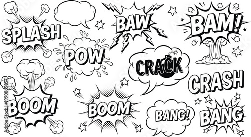 Comic Book Sound Effect Speech Bubble Set with Boom Bang Crash Pow Splash Bam and Explosion Action Elements