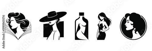 Black and white vector illustrations of women in various poses and styles