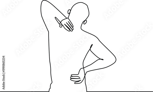 A stylized drawing of a person cutting their own hair with scissors Vector