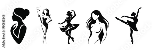Collection of elegant woman silhouettes in various poses and outfits