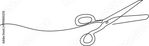 A simple line drawing of a pair of scissors cutting a piece of string. Vector