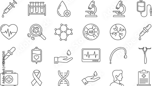 Medical Healthcare Outline Icon Set with Syringe Microscope Blood DNA Heart Monitor and Laboratory Science Elements
