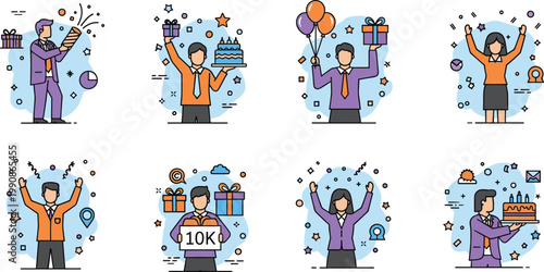 Business Celebration Success Icon Set with People Holding Cake Gift Balloon Confetti and 10K Milestone Achievement Elements