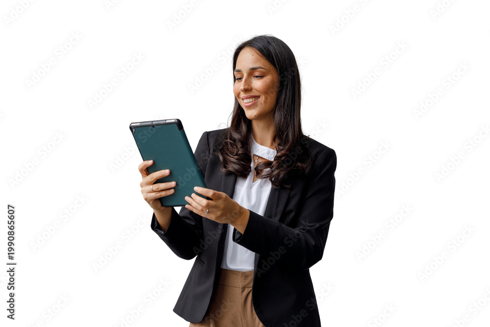 Fototapeta premium Busy businesswoman holding a digital tablet, smiling and interacting with modern technology for an efficient online workflow