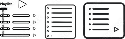 Vector Icon of a Playlist List in Outline Style, Horizontal Lines with Play Symbol, Minimal Line Art Design, Isolated on White Background, Media Playlist and Music Queue Symbol Illustration