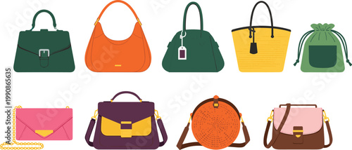 Colorful handbag vector illustration featuring tote, satchel, clutch, crossbody, pouch, hobo bag, and fashion accessories