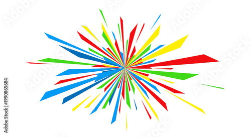 Colorful abstract explosion of sharp geometric lines and shapes bursting outwards from the center on a white background