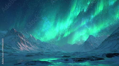 Stunning aurora borealis displaying over snow capped mountains at night