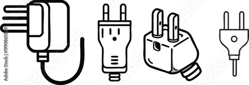 Vector Icon of a Plug in Outline Style, Two-Prong Design, Minimal Line Art, Isolated on White Background, Electrical Power Connection Symbol Illustration