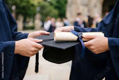 Close-up of graduates exchanging a diploma and mortarboard during commencement outdoors, symbolizing academic achievement, celebration, education, success, and a bright future.