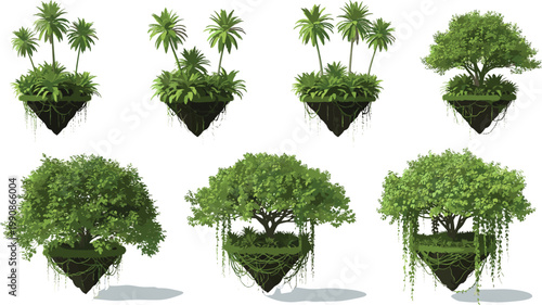 Floating Island Tropical Tree Set with Palm Banyan and Hanging Vine Fantasy Vector Illustration Bundle