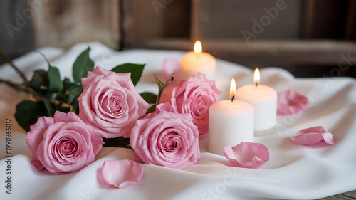 Pink roses and candles are featured on a white fabric surface.