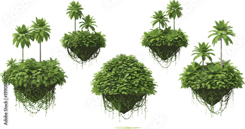 Tropical Floating Island Garden Set with Palm Trees and Lush Green Hanging Plants Vector