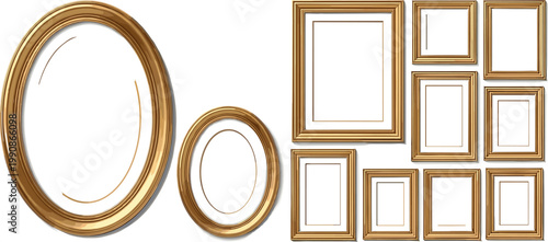 Elegant Golden Picture Frames Collection Featuring Round and Square Frames in Various Sizes for Artwork, Photos, and Wall Decor Designs
