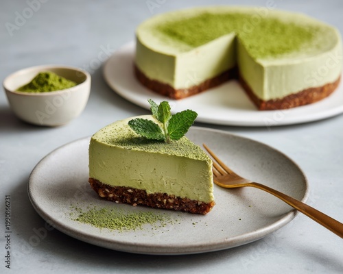 Raw vegan matcha cheesecake slice with mint on gray plate. Creamy green dessert with nut crust, minimalist styling, and elegant plant based sweet concept.