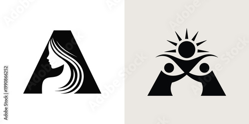 Black and white logos featuring a womans silhouette and a sun