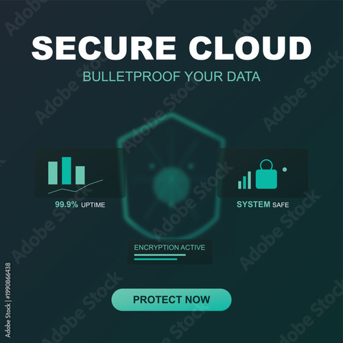Secure cloud data protection concept. Features a central shield icon with encryption, uptime, and system safe indicators. Modern vector illustration for cybersecurity and digital privacy.