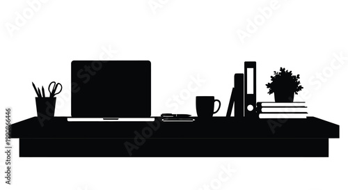 A minimalist silhouette of a workspace featuring a laptop and office supplies