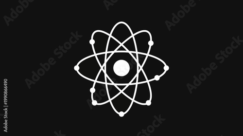 An illustration of an atom with electrons orbiting the nucleus on black background Pedro Tavi