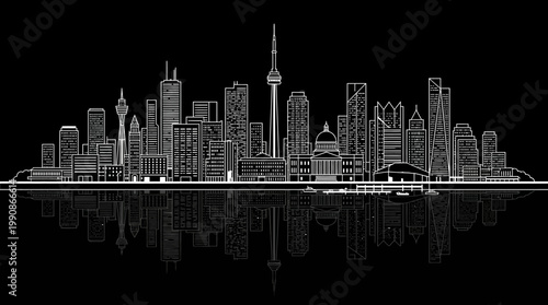 Cityscape illustration of Toronto skyline at night reflected in water Pedro Tavi