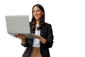 Woman holding an open laptop, smiling, working remotely and using wireless technology. Transparent background