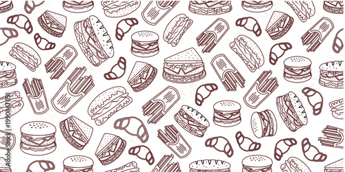 Fast foods doodle pattern. Seamless fast foods pattern in doodle style. Seamless pattern of fast foods doodle design.