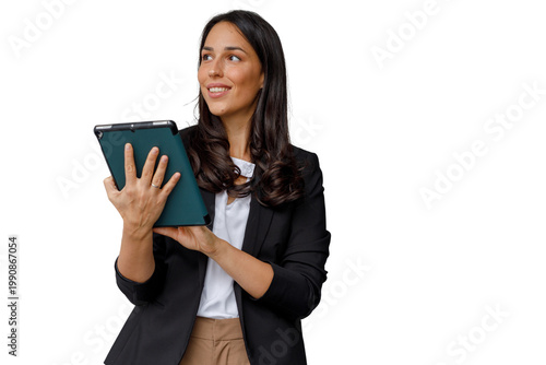 Obraz na plátně Professional woman using digital tablet, smiling and looking away, business tech