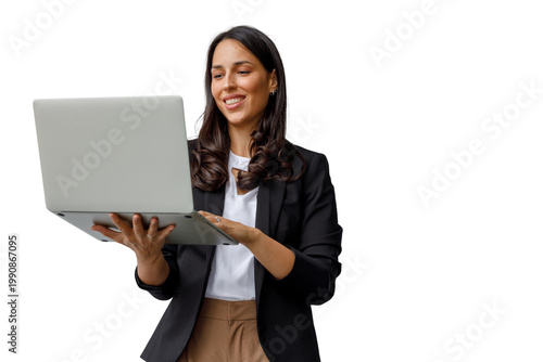 Foto Woman holding an open laptop, smiling, working remotely and using wireless technology
