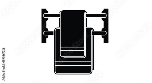 Black and white illustration of a towel rack with folded towels
