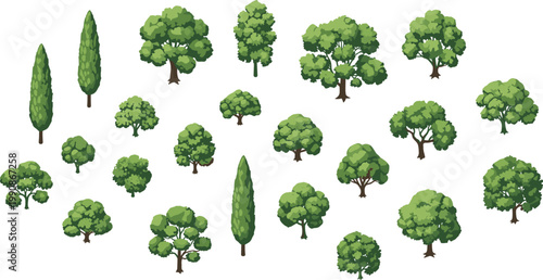 Cartoon Isometric Green Tree Variety Set with Cypress and Broad Canopy Shapes Vector Illustration Bundle